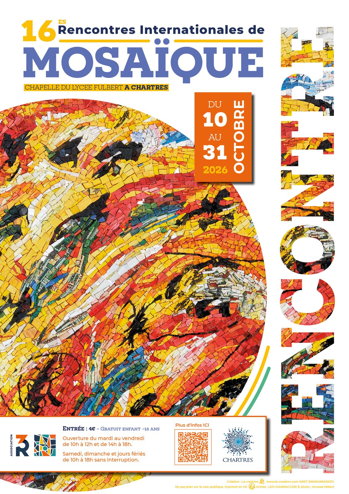 Affiche des 16es Rencontres Internationales de Mosaïque, Chartres, du 10 au 31 octobre 2026